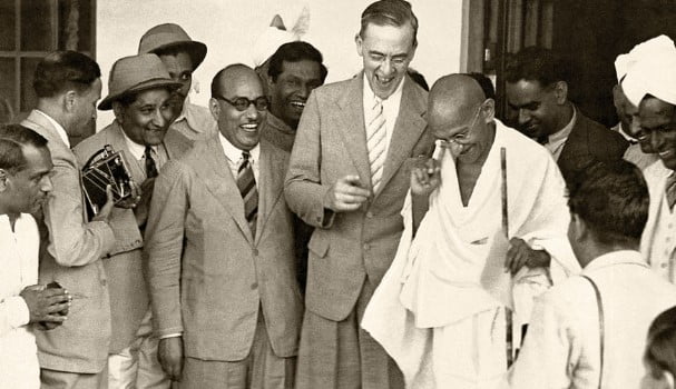 An illustration of Sir Stafford Cripps, the leader of the 1942 Cripps Mission to India. He is shown standing beside Gandhi, the Leader of INC.